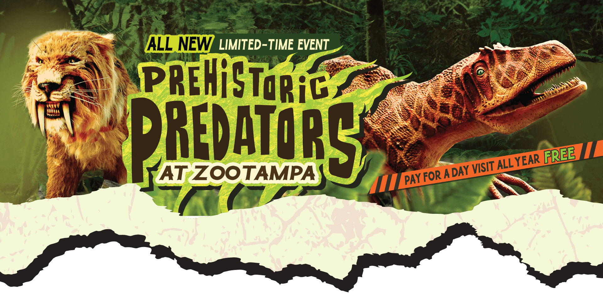 Banner for Prehistoric Predators, a limited time event at ZooTampa, featuring two ferocious predators of the past.